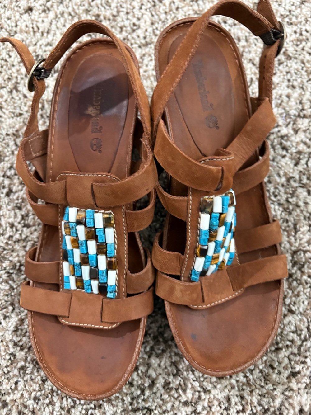 Timberland Brown Suede Beaded Strappy Sandals with Turquoise and White Accents